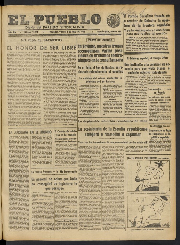 Miniatura de El Pueblo : Diario republicano de Valencia del 1 de julio de 1938, nº 15.581