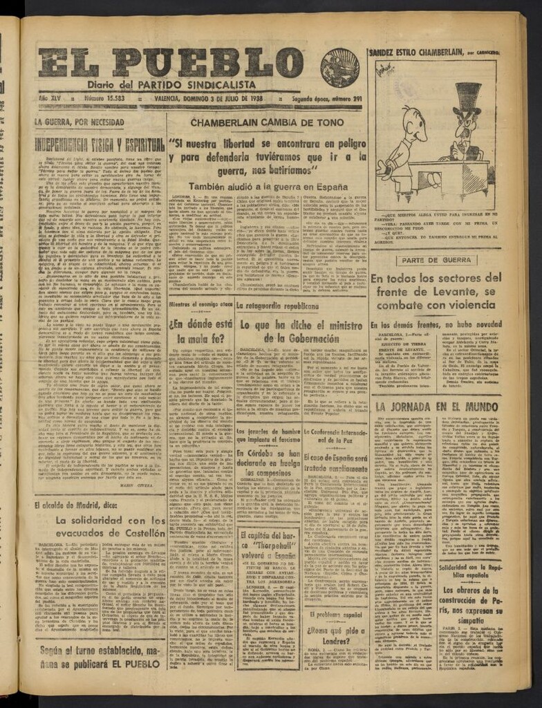 Miniatura de El Pueblo : Diario republicano de Valencia del 3 de julio de 1938, nº 15.583