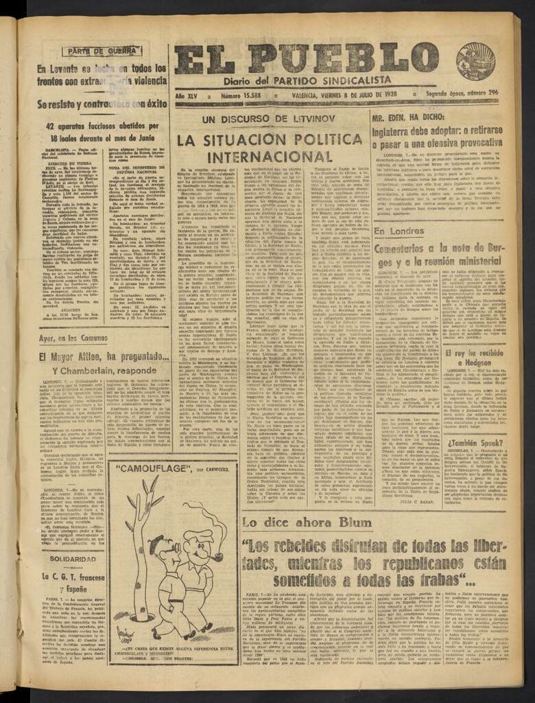 Miniatura de El Pueblo : Diario republicano de Valencia del 8 de julio de 1938, nº 15.588