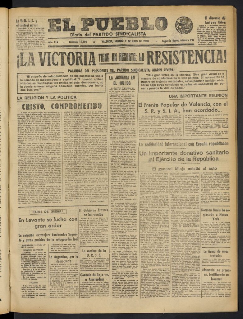 Miniatura de El Pueblo : Diario republicano de Valencia del 9 de julio de 1938, nº 15.589