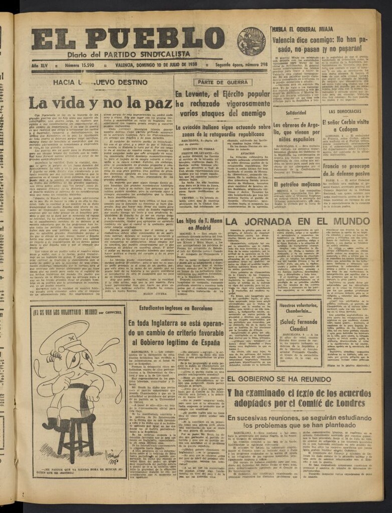 Miniatura de El Pueblo : Diario republicano de Valencia del 10 de julio de 1938, nº 15.590