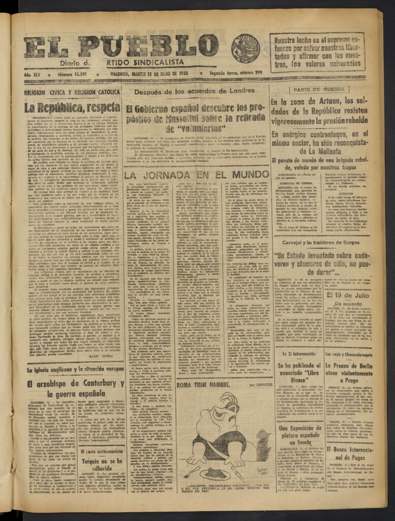 Miniatura de El Pueblo : Diario republicano de Valencia del 12 de julio de 1938, nº 15.591