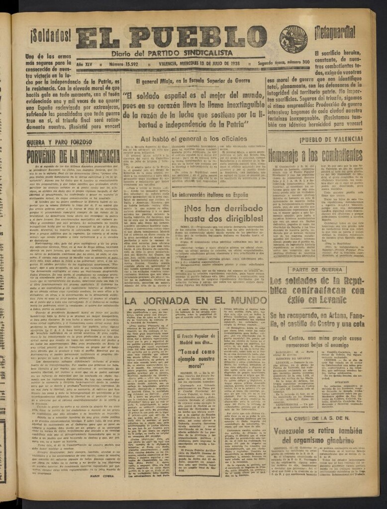 Miniatura de El Pueblo : Diario republicano de Valencia del 13 de julio de 1938, nº 15.592