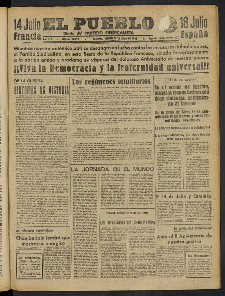 Miniatura de El Pueblo : Diario republicano de Valencia del 15 de julio de 1938, nº 15.594