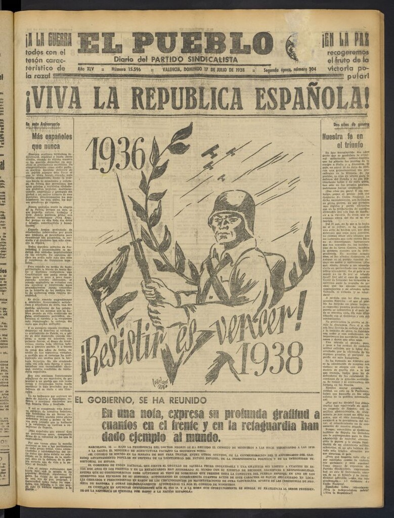 Miniatura de El Pueblo : Diario republicano de Valencia del 17 de julio de 1938, nº 15.596