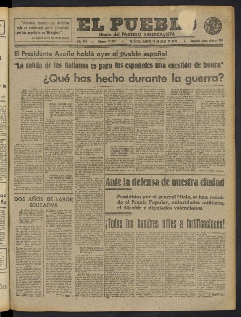 Miniatura de El Pueblo : Diario republicano de Valencia del 19 de julio de 1938, nº 15.597