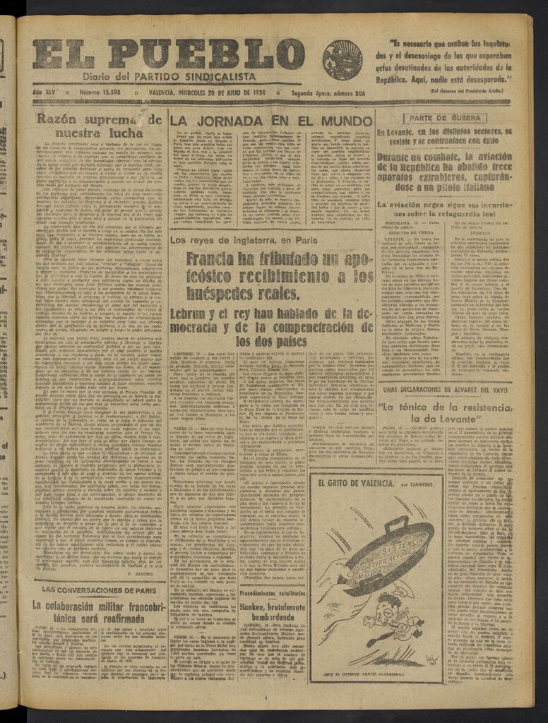 Miniatura de El Pueblo : Diario republicano de Valencia del 20 de julio de 1938, nº 15.598