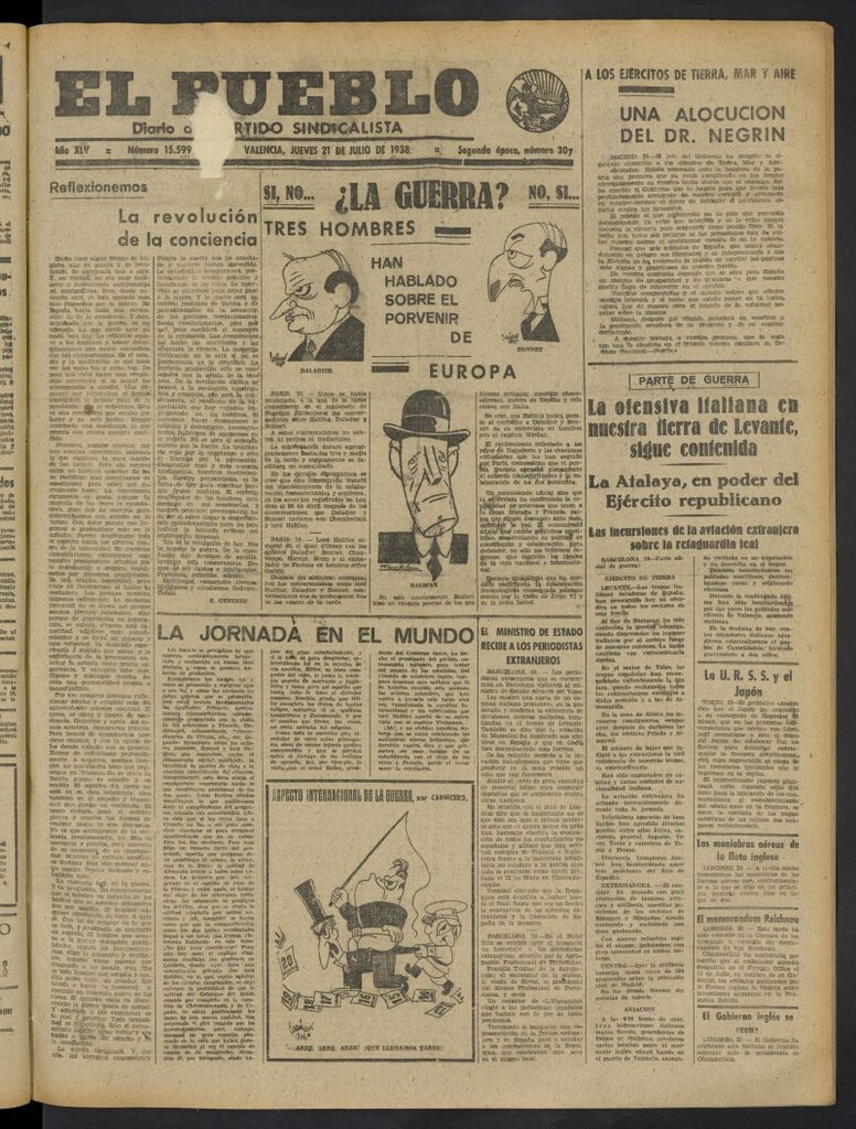 Miniatura de El Pueblo : Diario republicano de Valencia del 21 de julio de 1938, nº 15.599