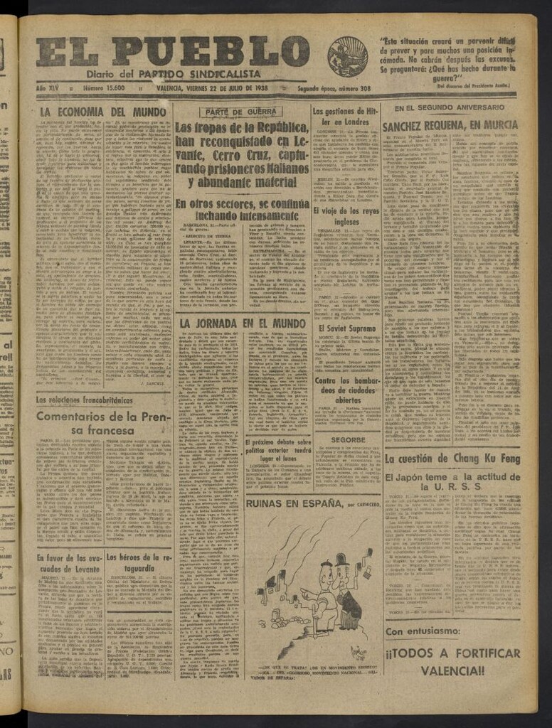 Miniatura de El Pueblo : Diario republicano de Valencia del 22 de julio de 1938, nº 15.600