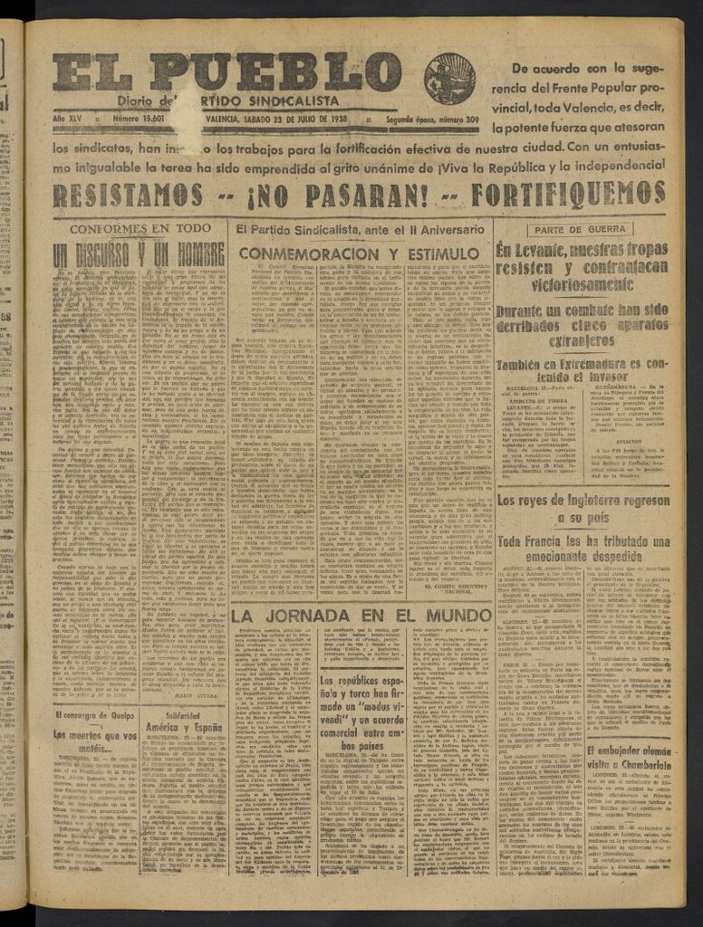 Miniatura de El Pueblo : Diario republicano de Valencia del 23 de julio de 1938, nº 15.601