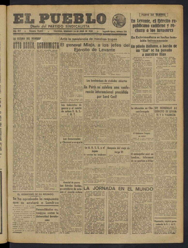 Miniatura de El Pueblo : Diario republicano de Valencia del 24 de julio de 1938, nº 15.602