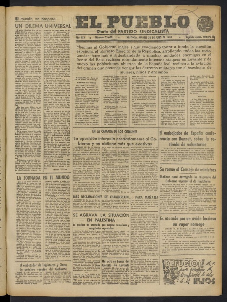 Miniatura de El Pueblo : Diario republicano de Valencia del 26 de julio de 1938, nº 15.603