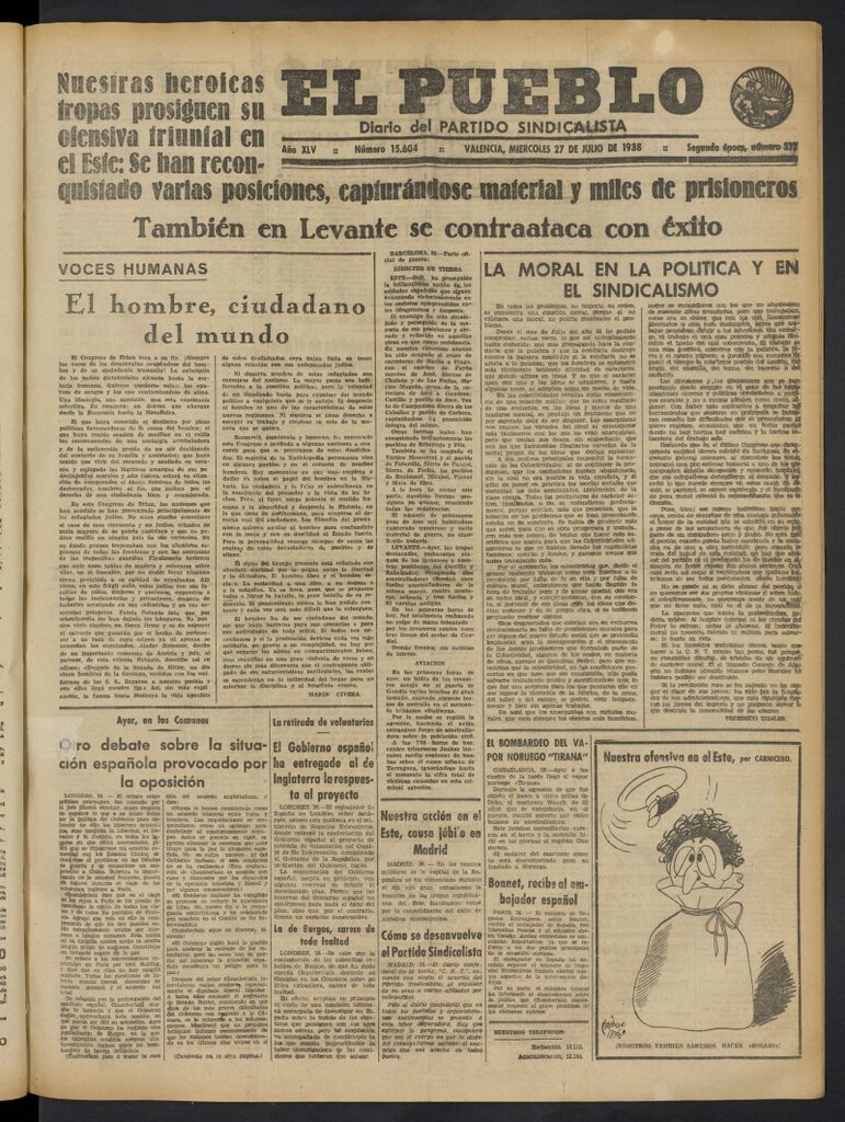 Miniatura de El Pueblo : Diario republicano de Valencia del 27 de julio de 1938, nº 15.604