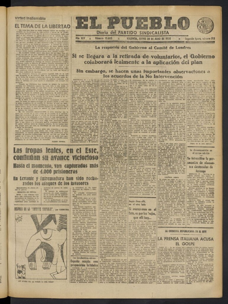 Miniatura de El Pueblo : Diario republicano de Valencia del 28 de julio de 1938, nº 15.605