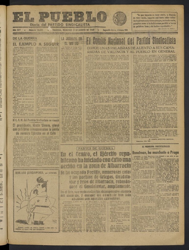 Miniatura de El Pueblo : Diario republicano de Valencia del 3 de agosto de 1938, nº 15.610