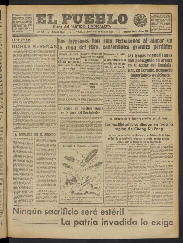 Miniatura de El Pueblo : Diario republicano de Valencia del 4 de agosto de 1938, nº 15.611