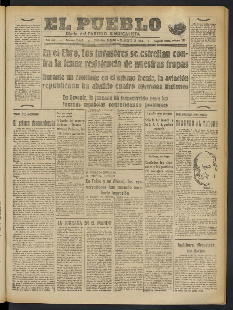 Miniatura de El Pueblo : Diario republicano de Valencia del 6 de agosto de 1938, nº 15.613