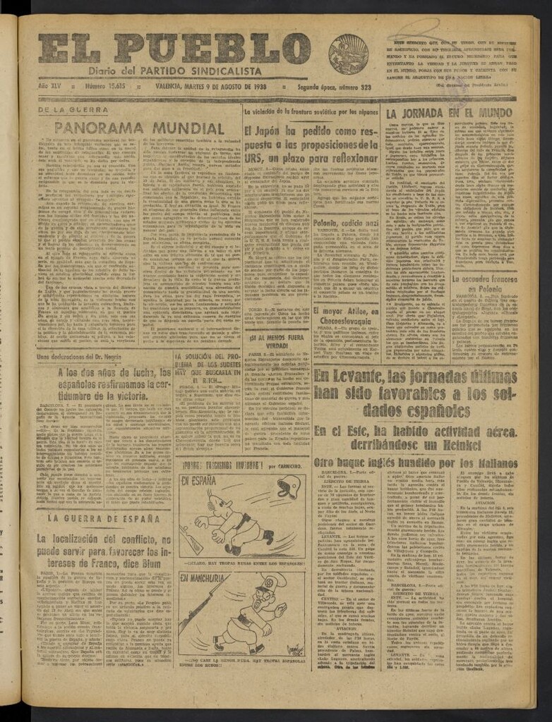 Miniatura de El Pueblo : Diario republicano de Valencia del 9 de agosto de 1938, nº 15.615