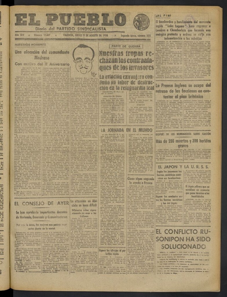 Miniatura de El Pueblo : Diario republicano de Valencia del 11 de agosto de 1938, nº 15.617