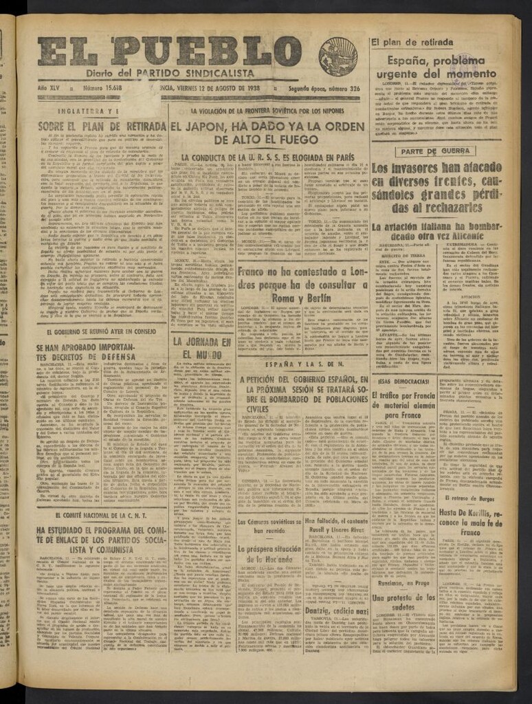 Miniatura de El Pueblo : Diario republicano de Valencia del 12 de agosto de 1938, nº 15.618