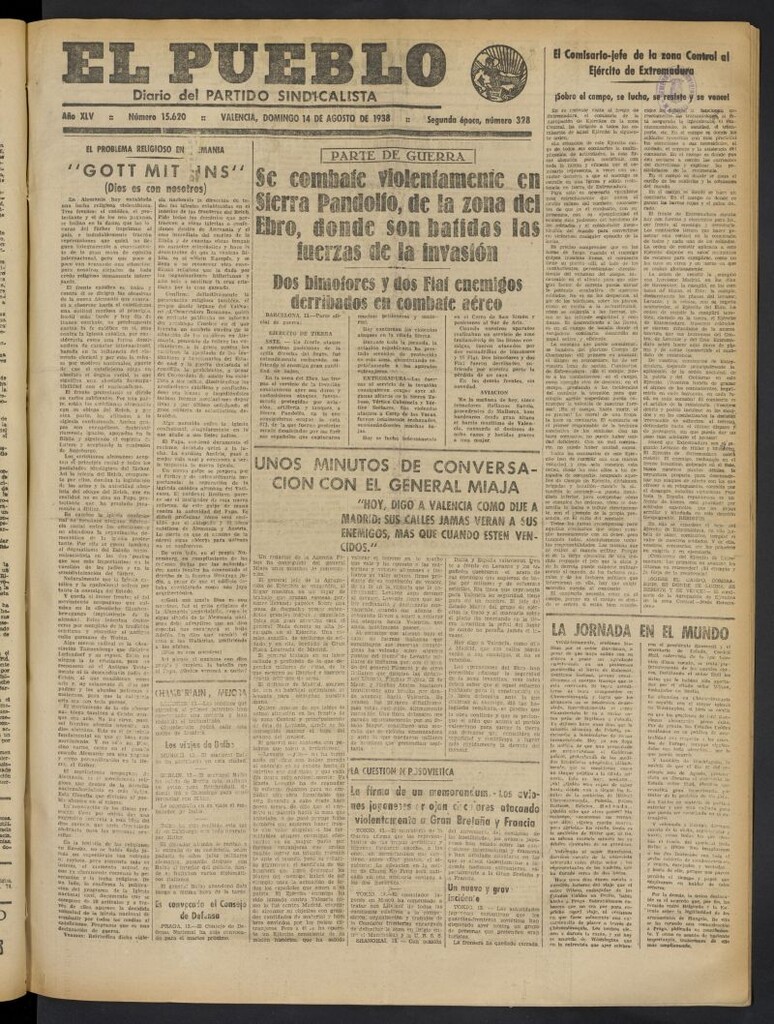 Miniatura de El Pueblo : Diario republicano de Valencia del 14 de agosto de 1938, nº 15.620