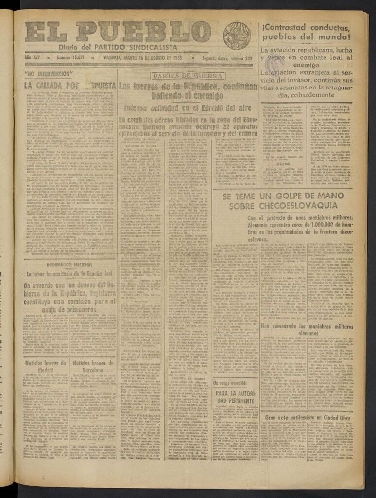 Miniatura de El Pueblo : Diario republicano de Valencia del 16 de agosto de 1938, nº 15.621