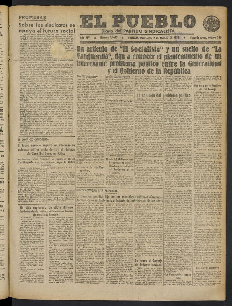 Miniatura de El Pueblo : Diario republicano de Valencia del 17 de agosto de 1938, nº 15.622