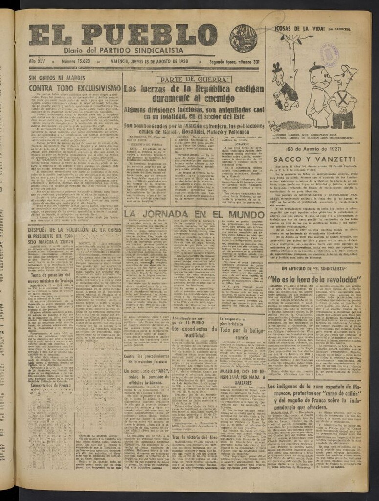 Miniatura de El Pueblo : Diario republicano de Valencia del 18 de agosto de 1938, nº 15.623