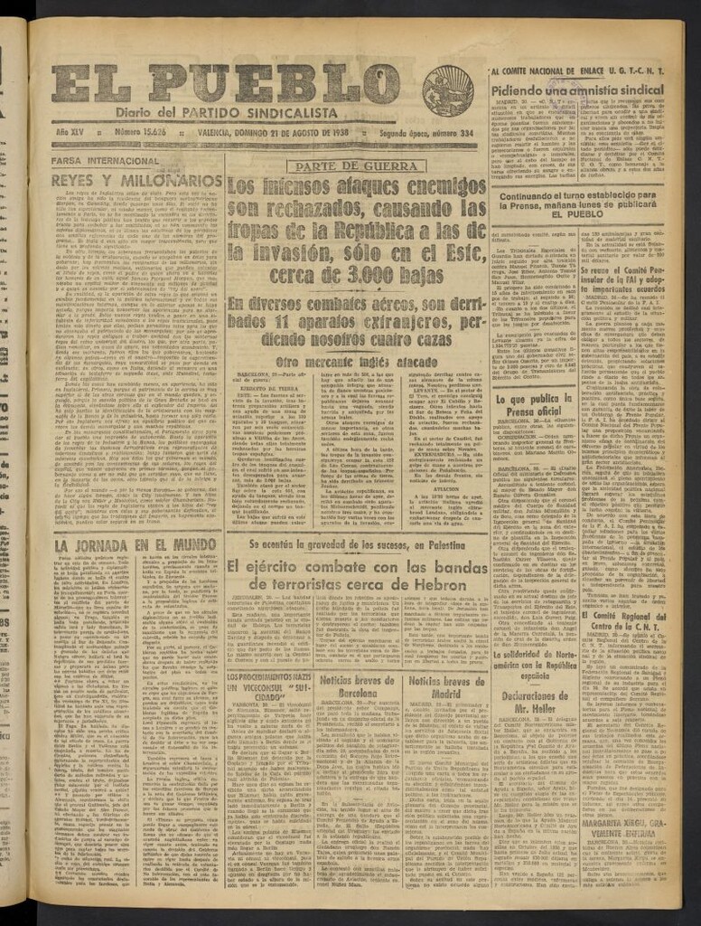 Miniatura de El Pueblo : Diario republicano de Valencia del 21 de agosto de 1938, nº 15.626
