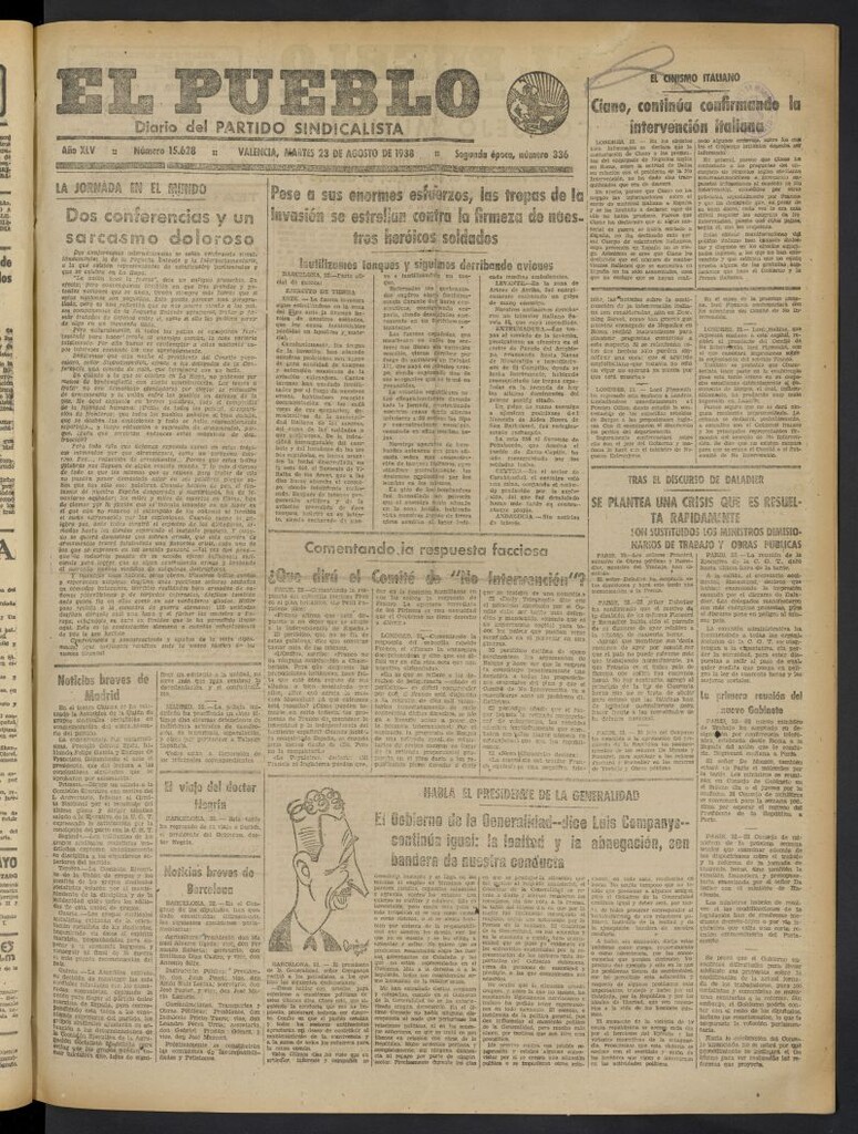 Miniatura de El Pueblo : Diario republicano de Valencia del 23 de agosto de 1938, nº 15.628