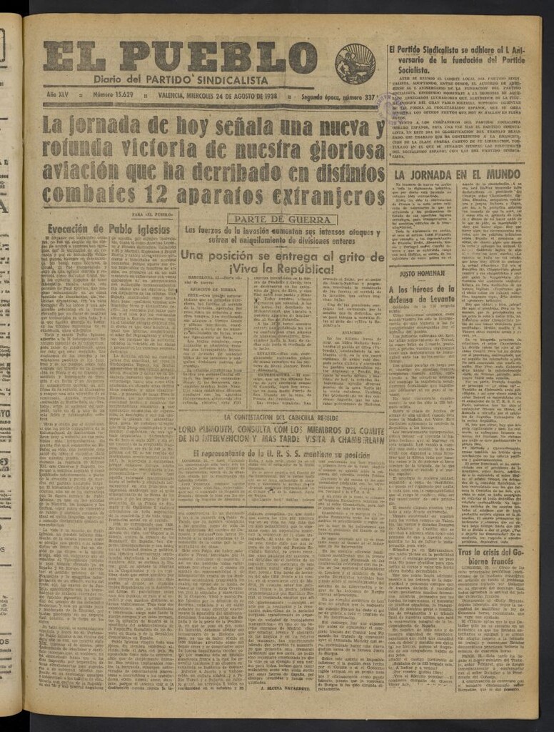 Miniatura de El Pueblo : Diario republicano de Valencia del 24 de agosto de 1938, nº 15.629