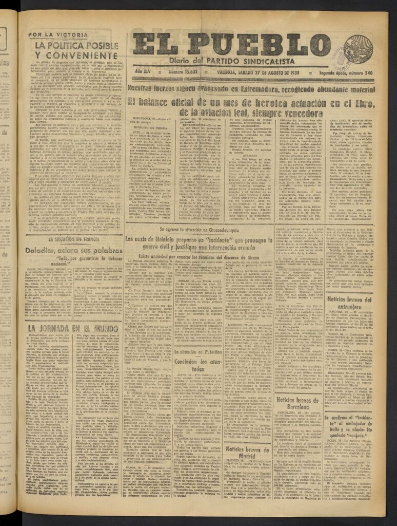 Miniatura de El Pueblo : Diario republicano de Valencia del 27 de agosto de 1938, nº 15.632