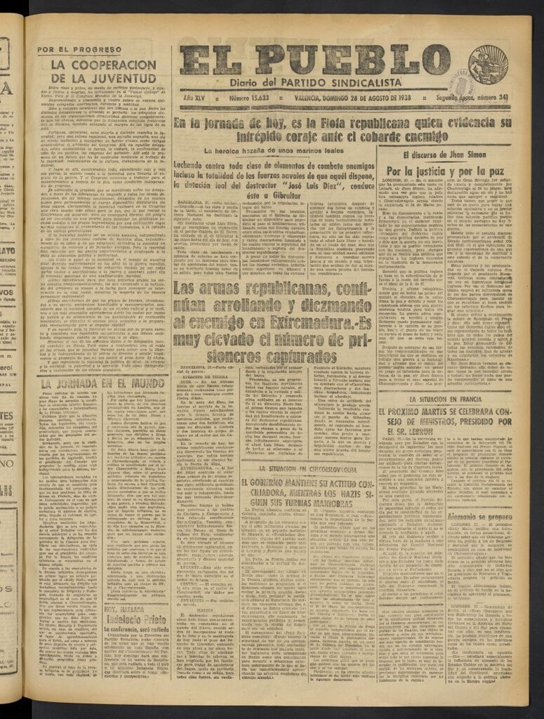 Miniatura de El Pueblo : Diario republicano de Valencia del 28 de agosto de 1938, nº 15.633
