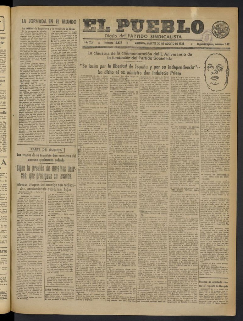 Miniatura de El Pueblo : Diario republicano de Valencia del 30 de agosto de 1938, nº 15.634