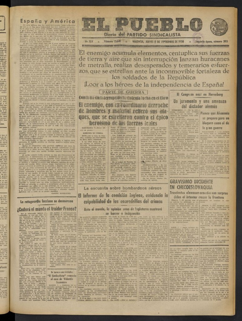 Miniatura de El Pueblo : Diario republicano de Valencia del 8 de septiembre de 1938, nº 15.641