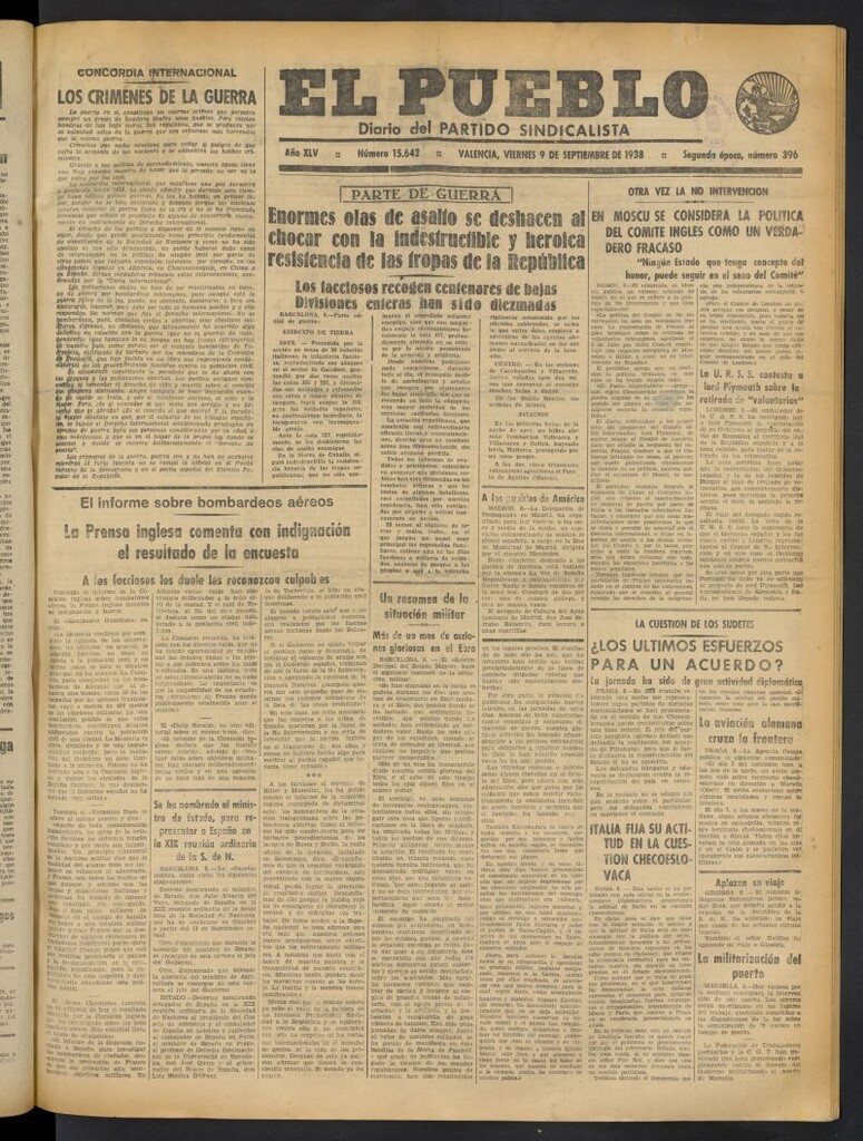 Miniatura de El Pueblo : Diario republicano de Valencia del 9 de septiembre de 1938, nº 15.642