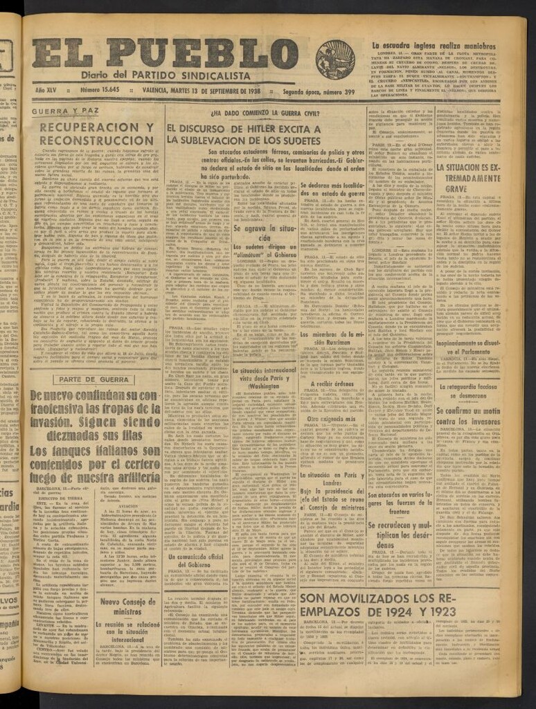 Miniatura de El Pueblo : Diario republicano de Valencia del 13 de septiembre de 1938, nº 15.645