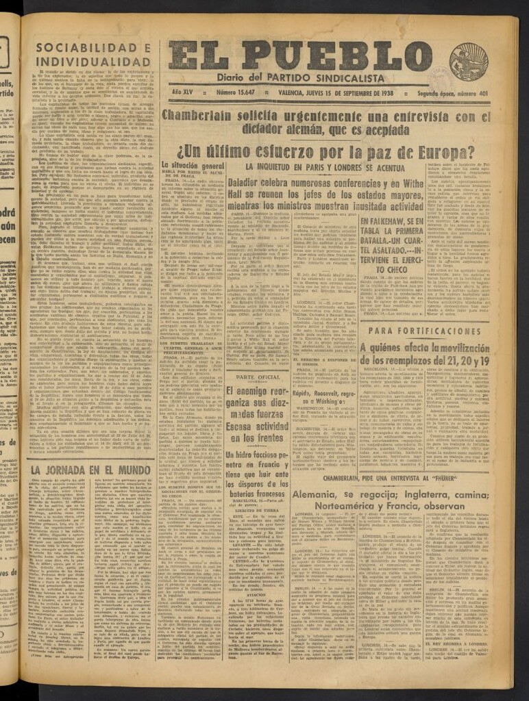 Miniatura de El Pueblo : Diario republicano de Valencia del 15 de septiembre de 1938, nº 15.647