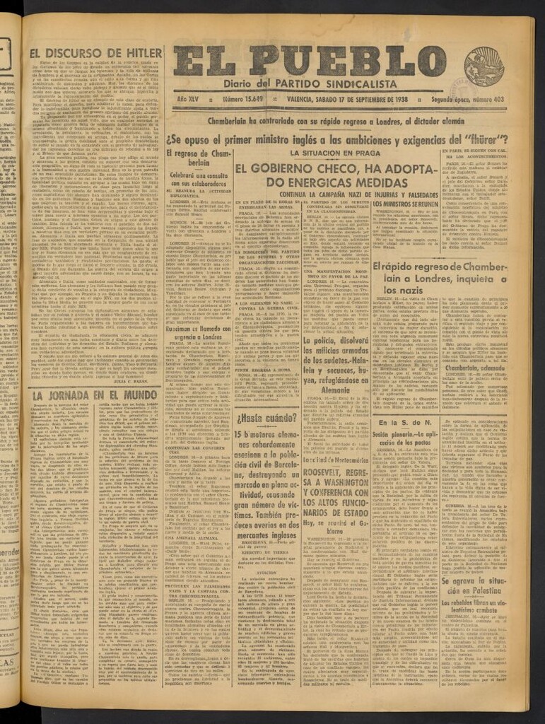 Miniatura de El Pueblo : Diario republicano de Valencia del 17 de septiembre de 1938, nº 15.649