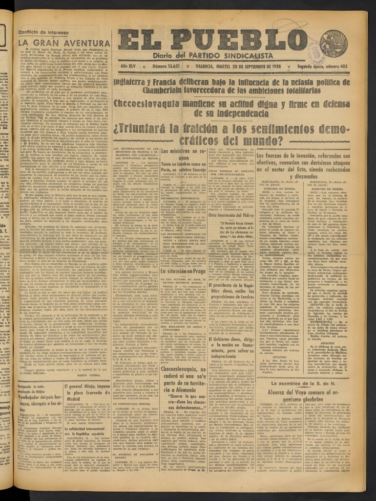 Miniatura de El Pueblo : Diario republicano de Valencia del 20 de septiembre de 1938, nº 15.651