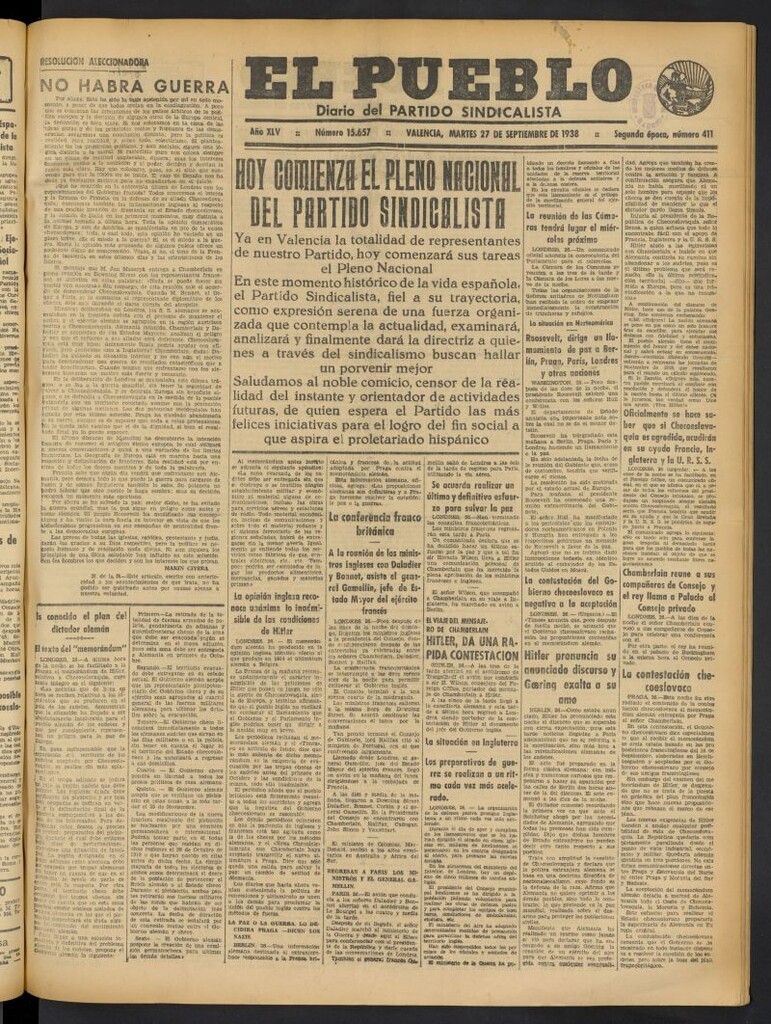 Miniatura de El Pueblo : Diario republicano de Valencia del 27 de septiembre de 1938, nº 15.657