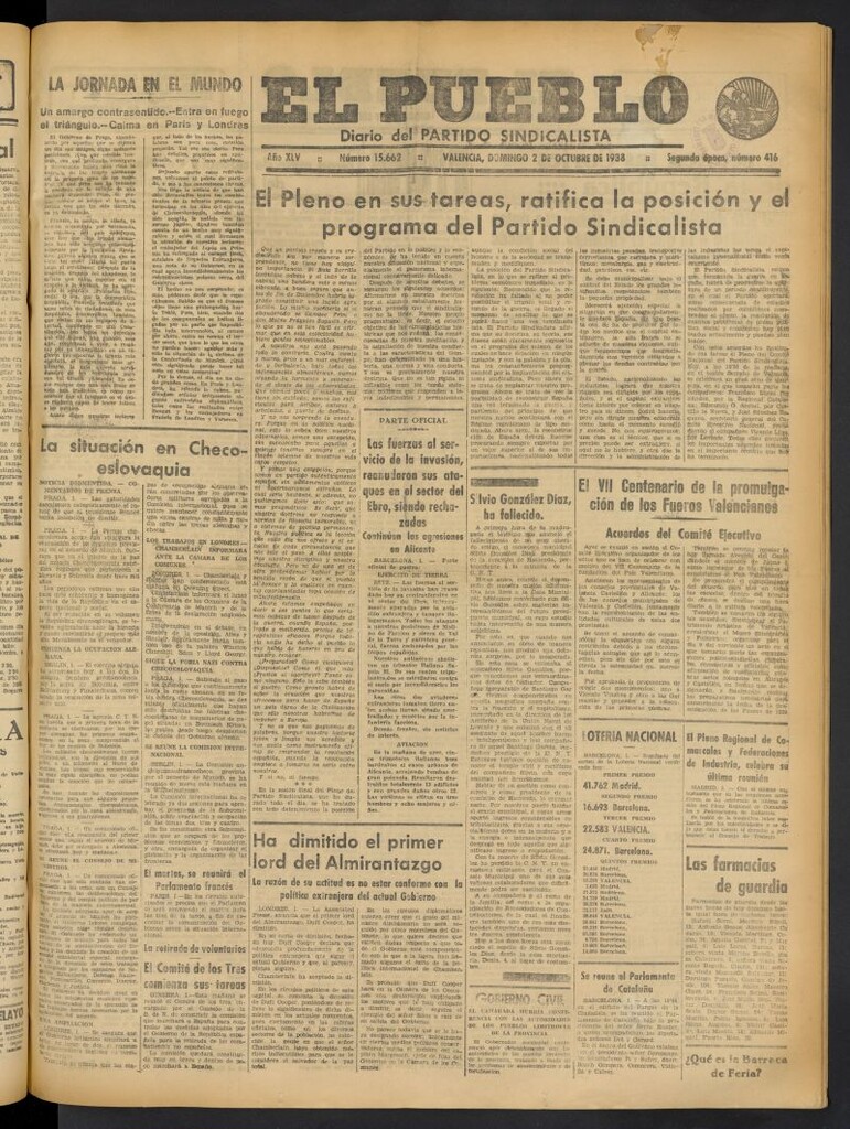 Miniatura de El Pueblo : Diario republicano de Valencia del 2 de octubre de 1938, nº 15.662