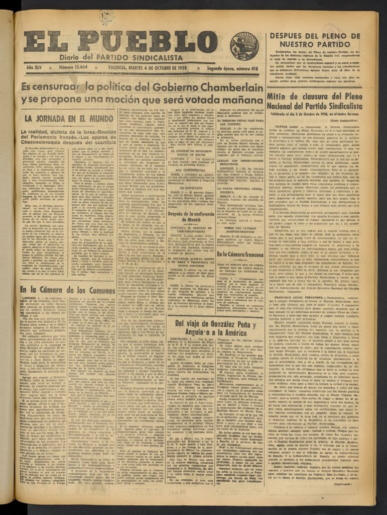 Miniatura de El Pueblo : Diario republicano de Valencia del 4 de octubre de 1938, nº 15.664