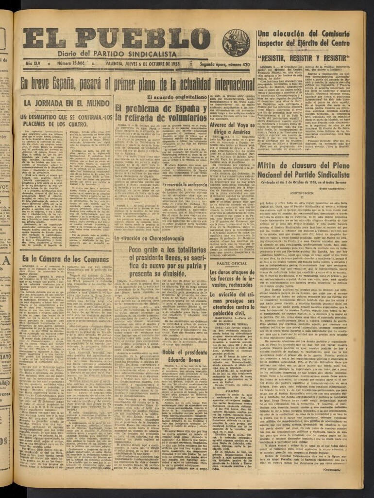 Miniatura de El Pueblo : Diario republicano de Valencia del 6 de octubre de 1938, nº 15.666