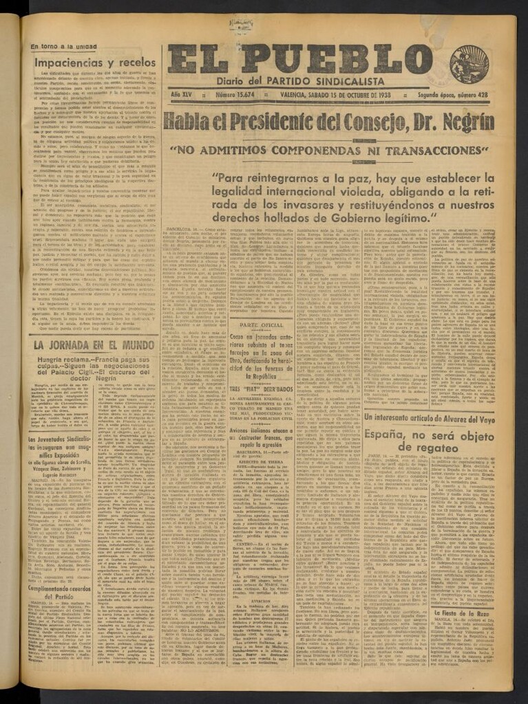 Miniatura de El Pueblo : Diario republicano de Valencia del 15 de octubre de 1938, nº 15.674
