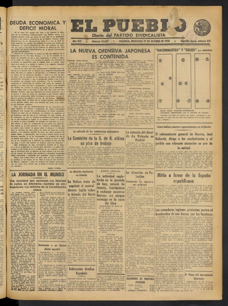 Miniatura de El Pueblo : Diario republicano de Valencia del 19 de octubre de 1938, nº 15.677