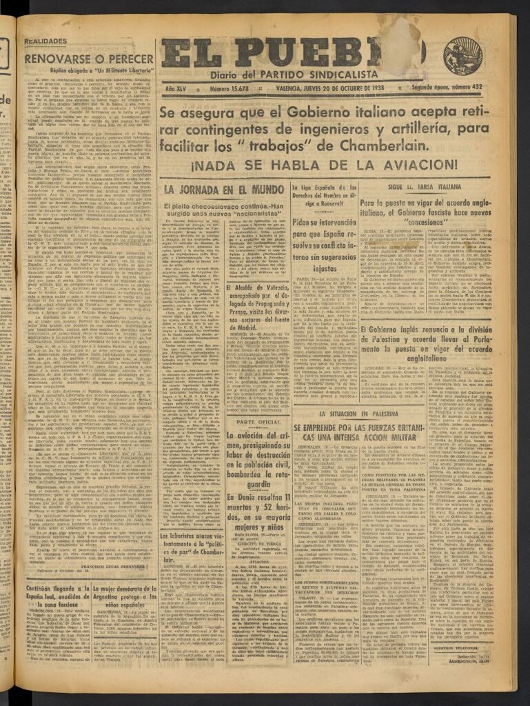 Miniatura de El Pueblo : Diario republicano de Valencia del 20 de octubre de 1938, nº 15.678