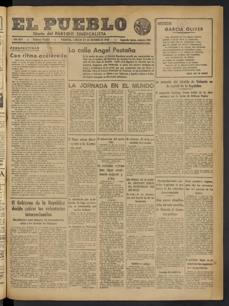 Miniatura de El Pueblo : Diario republicano de Valencia del 22 de octubre de 1938, nº 15.680