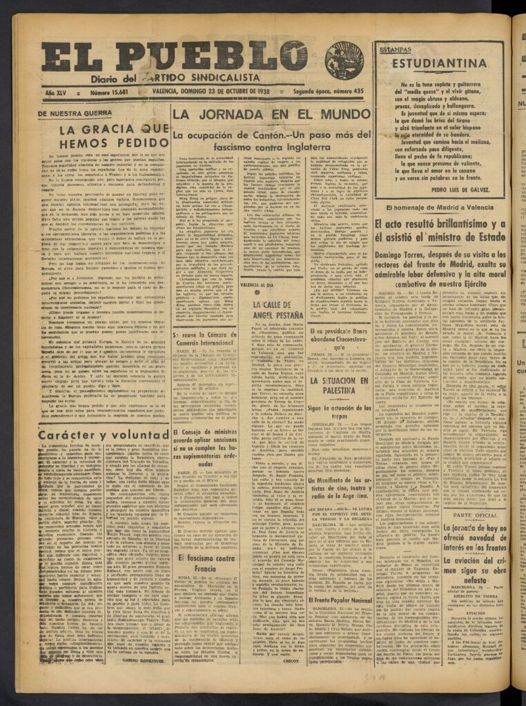 Miniatura de El Pueblo : Diario republicano de Valencia del 23 de octubre de 1938, nº 15.681
