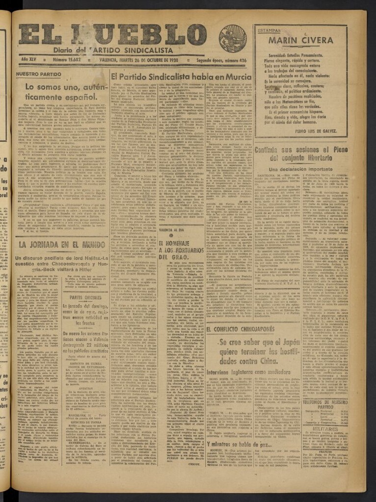 Miniatura de El Pueblo : Diario republicano de Valencia del 26[sic] de octubre de 1938, nº 15.682